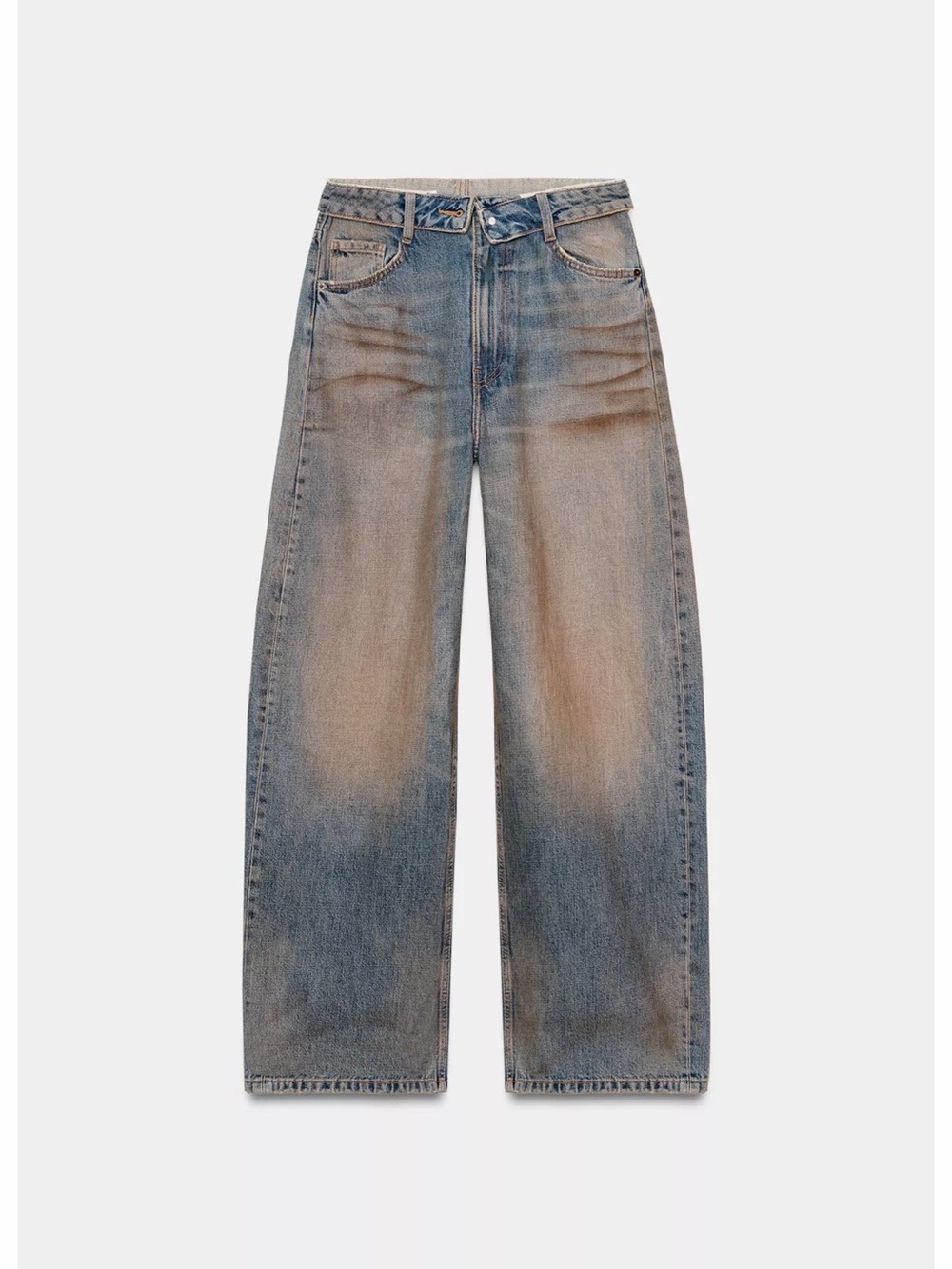 Zara folded waist Classic Wide-Leg Women's Jeans in Washed Blue
